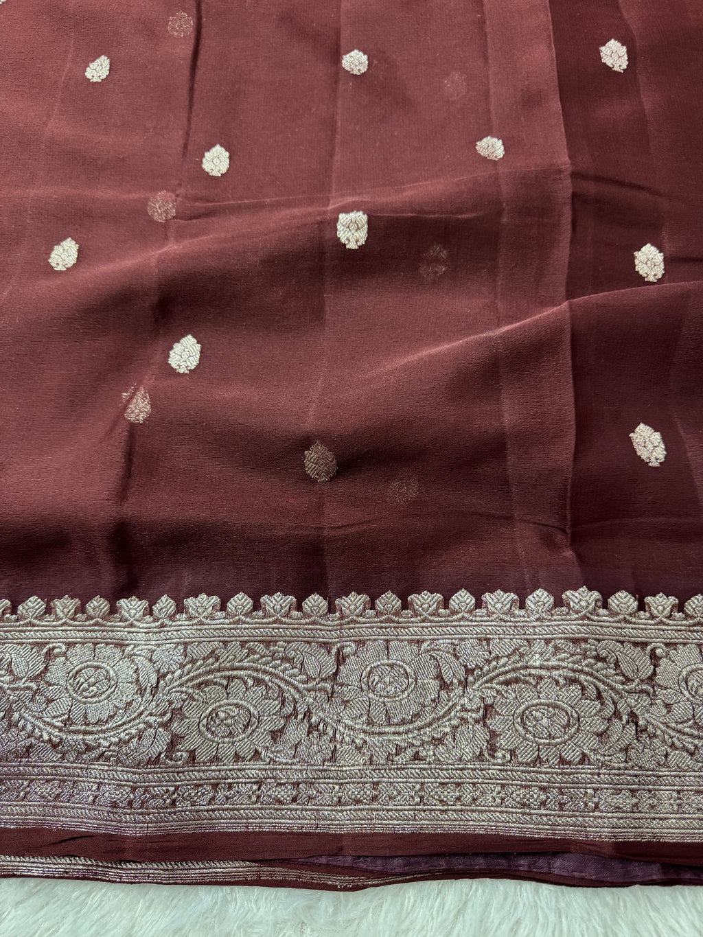 Dark Brown Pure Khaddi Chiffon Silk Banarasi Saree