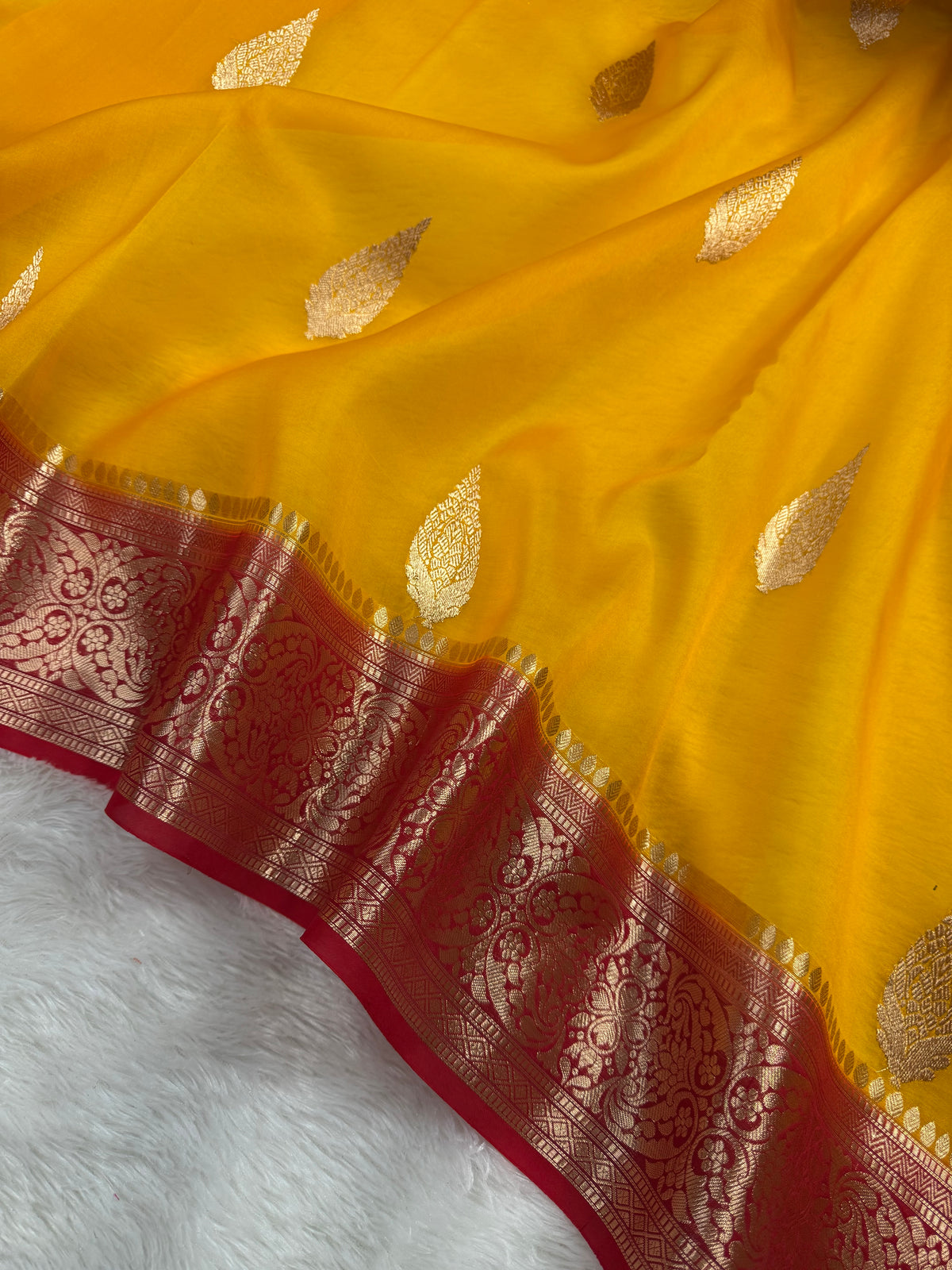 Yellow & Red Pure Kora Organza Silk Banarasi Saree