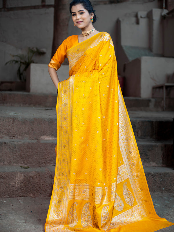 Yellow Gold Swarovski Intricate Stone Work Banarasi Mashru Silk Saree