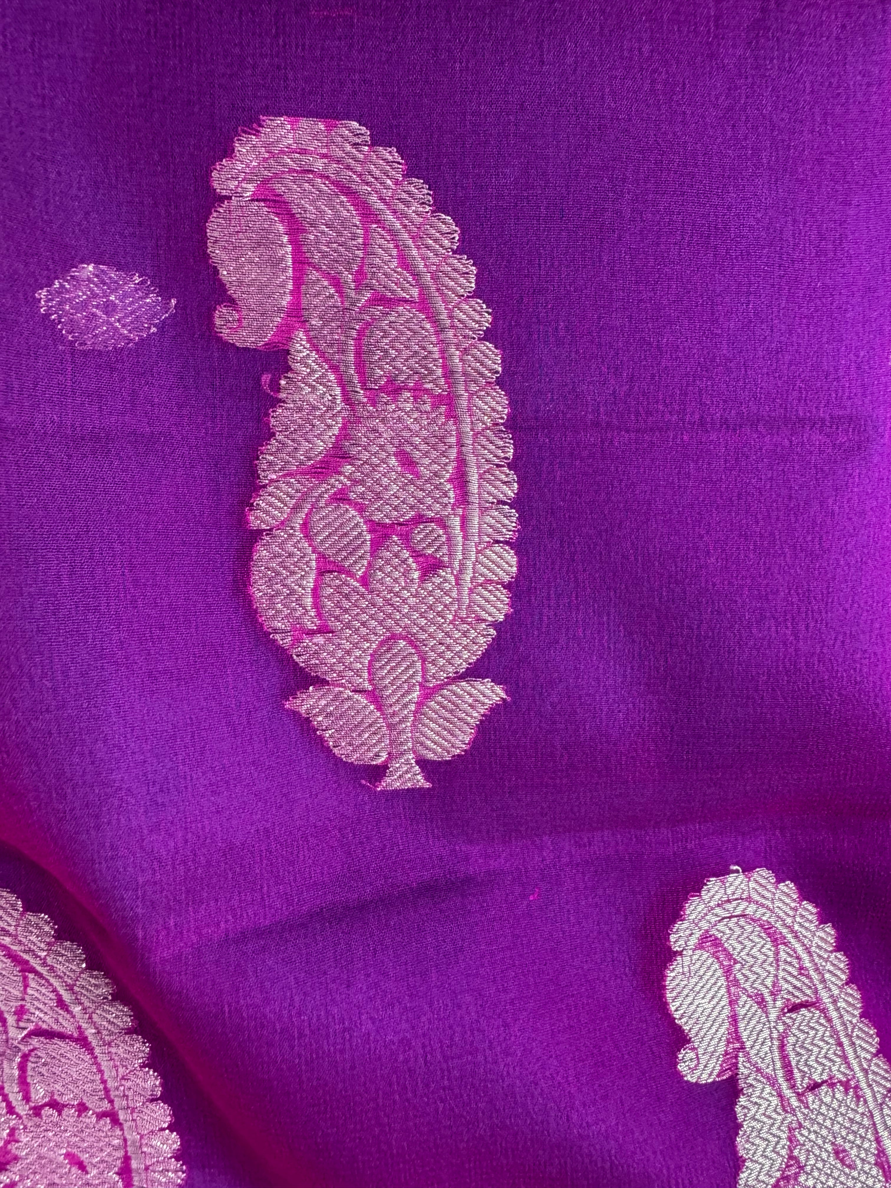 Teal Blue & Rani Pink Pure Khaddi Chiffon Silk Banarasi Saree