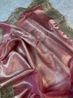 Blush Pink Tissue Silk Banarasi Saree With Designer Lace Work