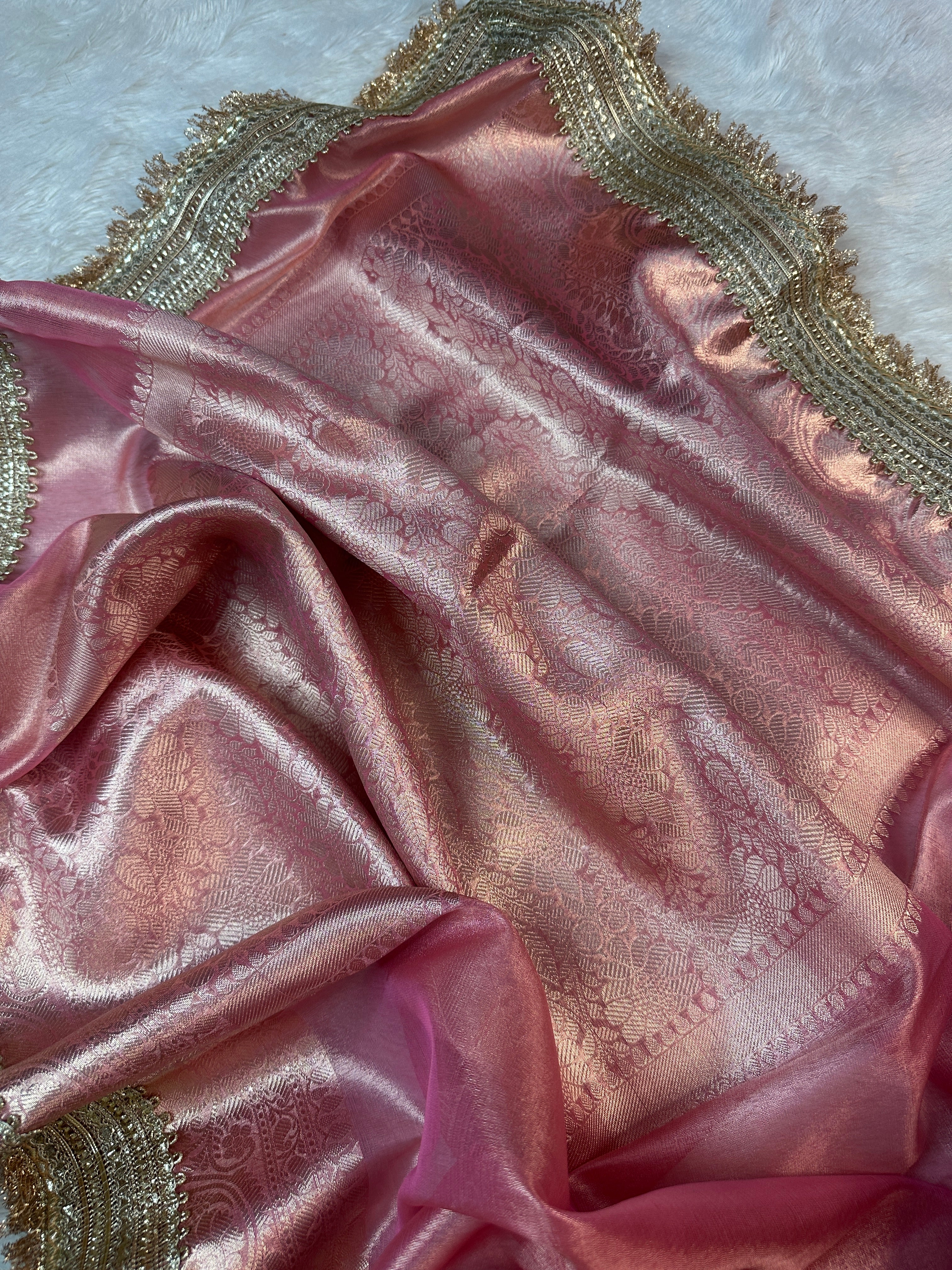 Blush Pink Tissue Silk Banarasi Saree With Designer Lace Work