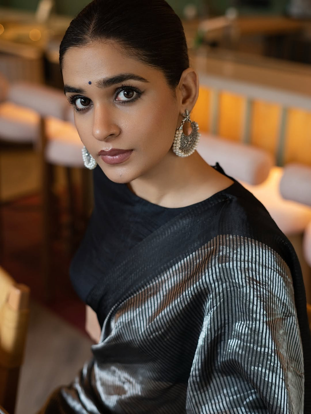 Black Stripe Pure Glass Tissue Silk Banarasi Saree