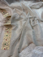 Natural Pure Khaddi Tissue Chiffon Water & Roopa Zari Meenakari Banarasi Saree