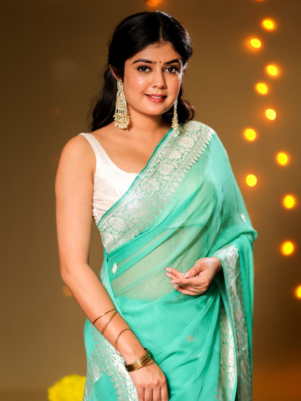 Sea Green Pure Khaddi Chiffon Silk Banarasi Saree