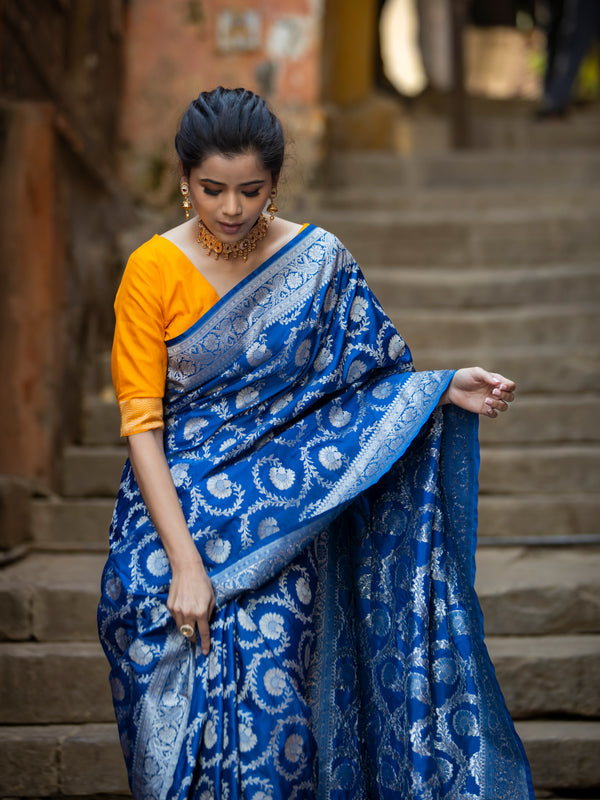German Blue Mashru Kataan Silk Banarasi Saree