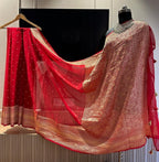 Red Pure Khaddi Georgette Silk Banarasi Border Dana Saree