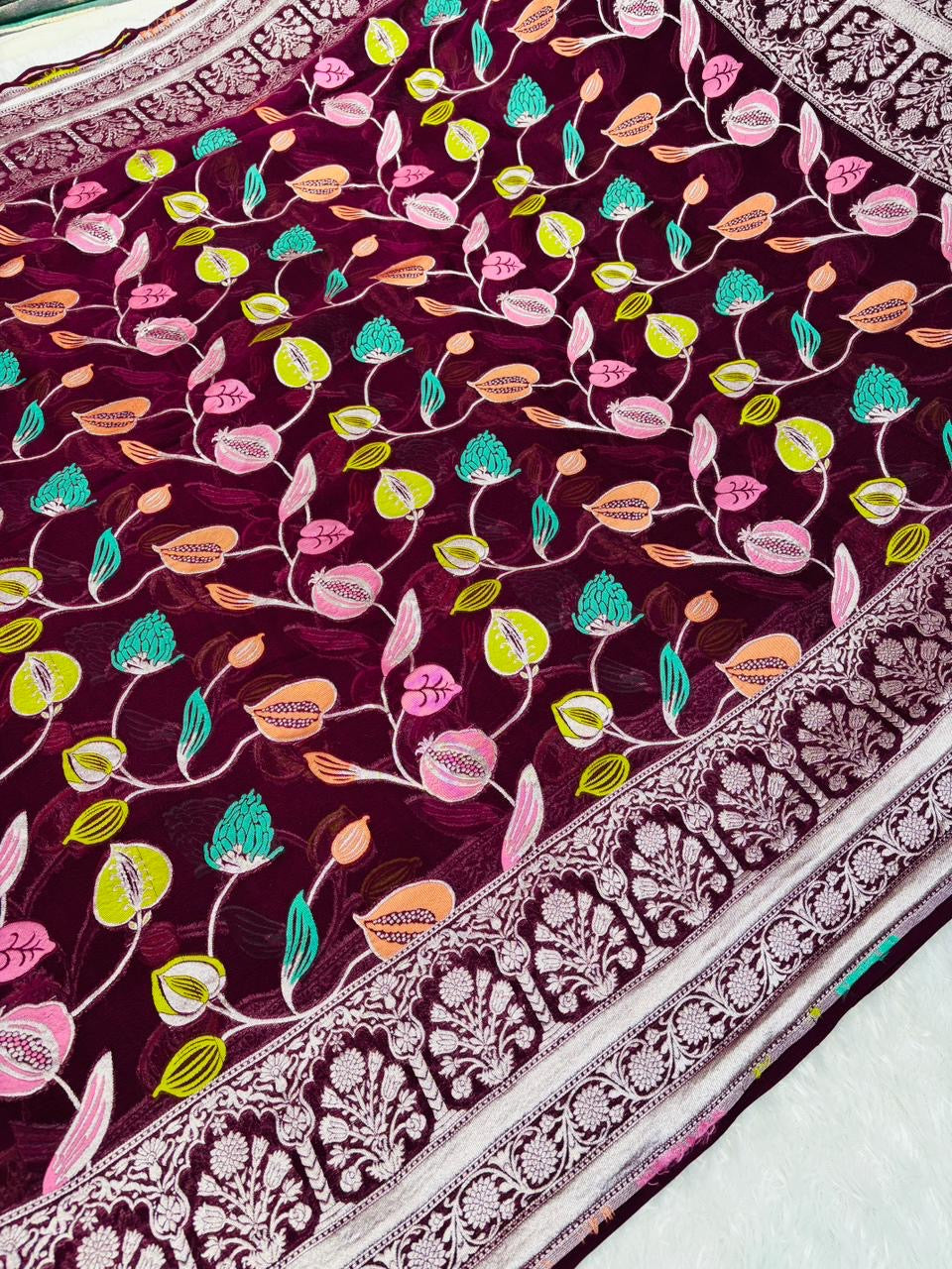 Deep Red Pure Tusser Georgette With Floral Meenakari Jall Banarasi Saree