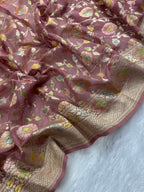 Tea Rose Handbrush Meenakari Pure Khaddi Georgette Silk Banarasi Saree