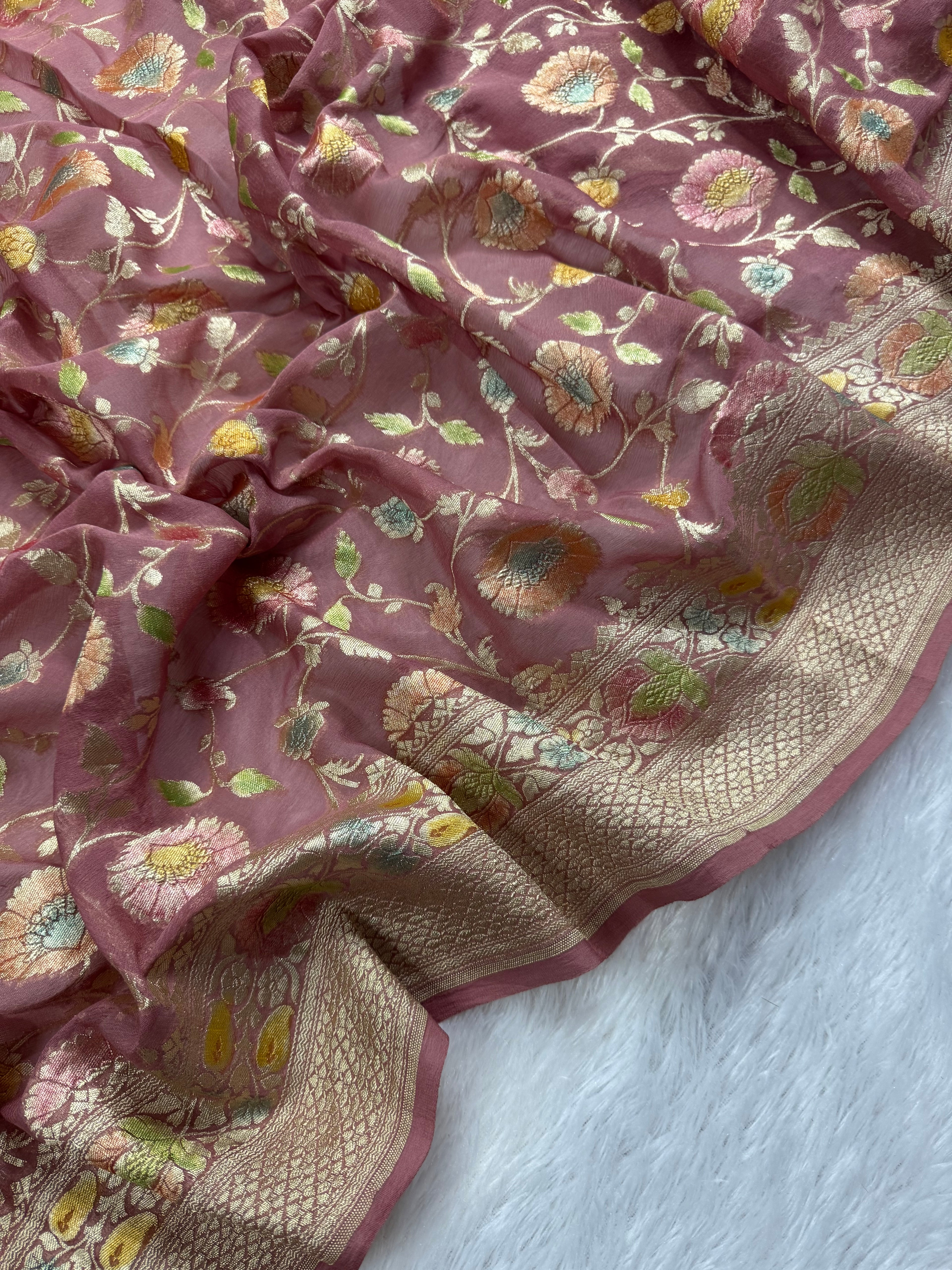 Tea Rose Handbrush Meenakari Pure Khaddi Georgette Silk Banarasi Saree