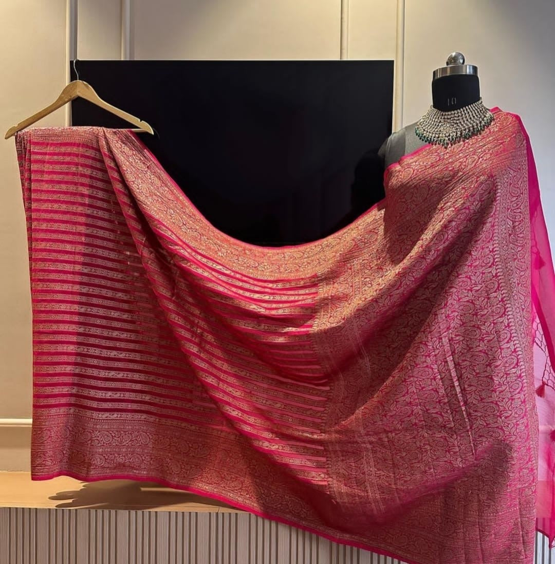 Rani Pink Pure Khaddi Georgette Silk Banarasi Border Stripe Saree