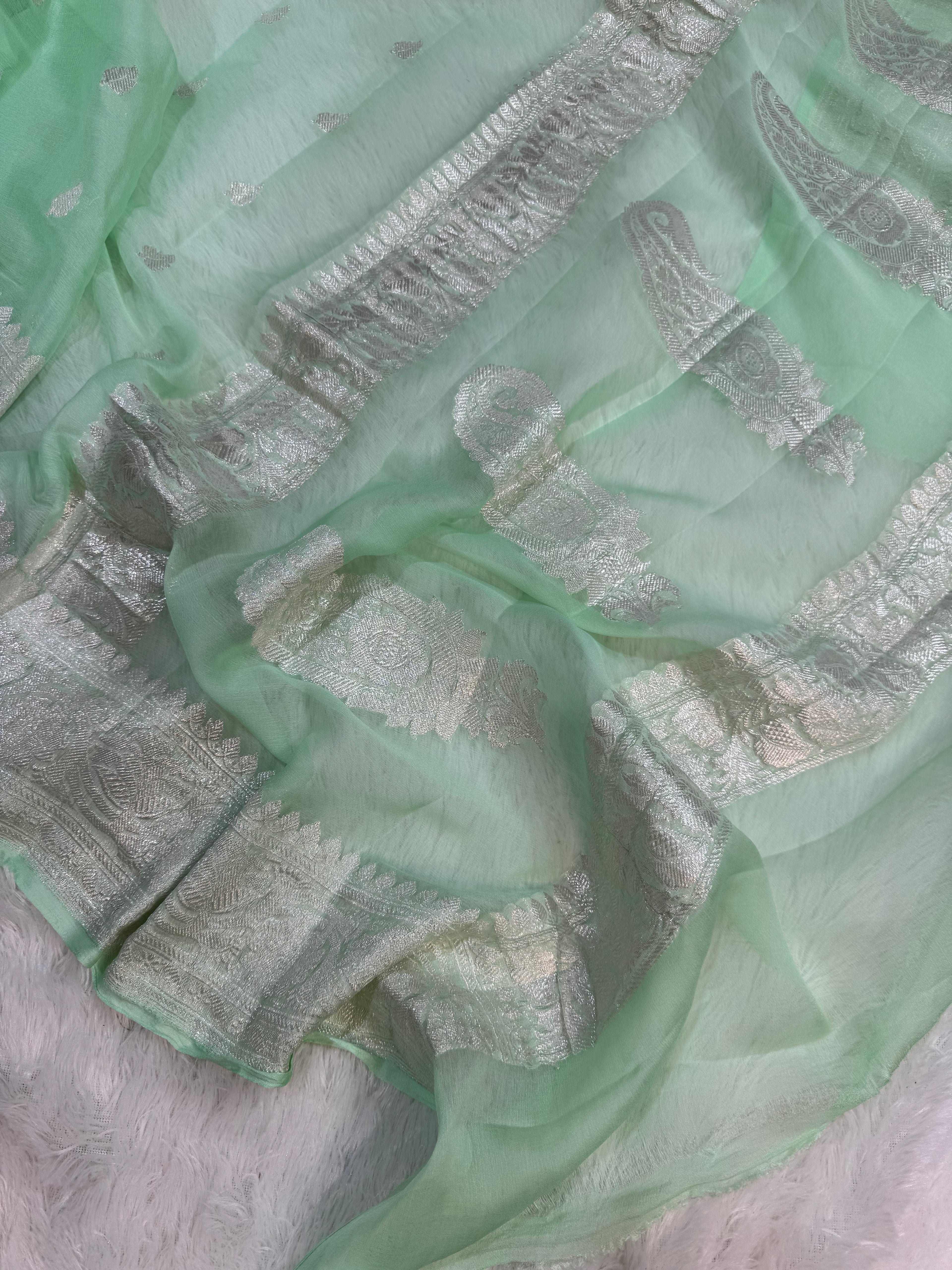 Pastel Sea Green Pure Khaddi Chiffon Silk Banarasi Saree