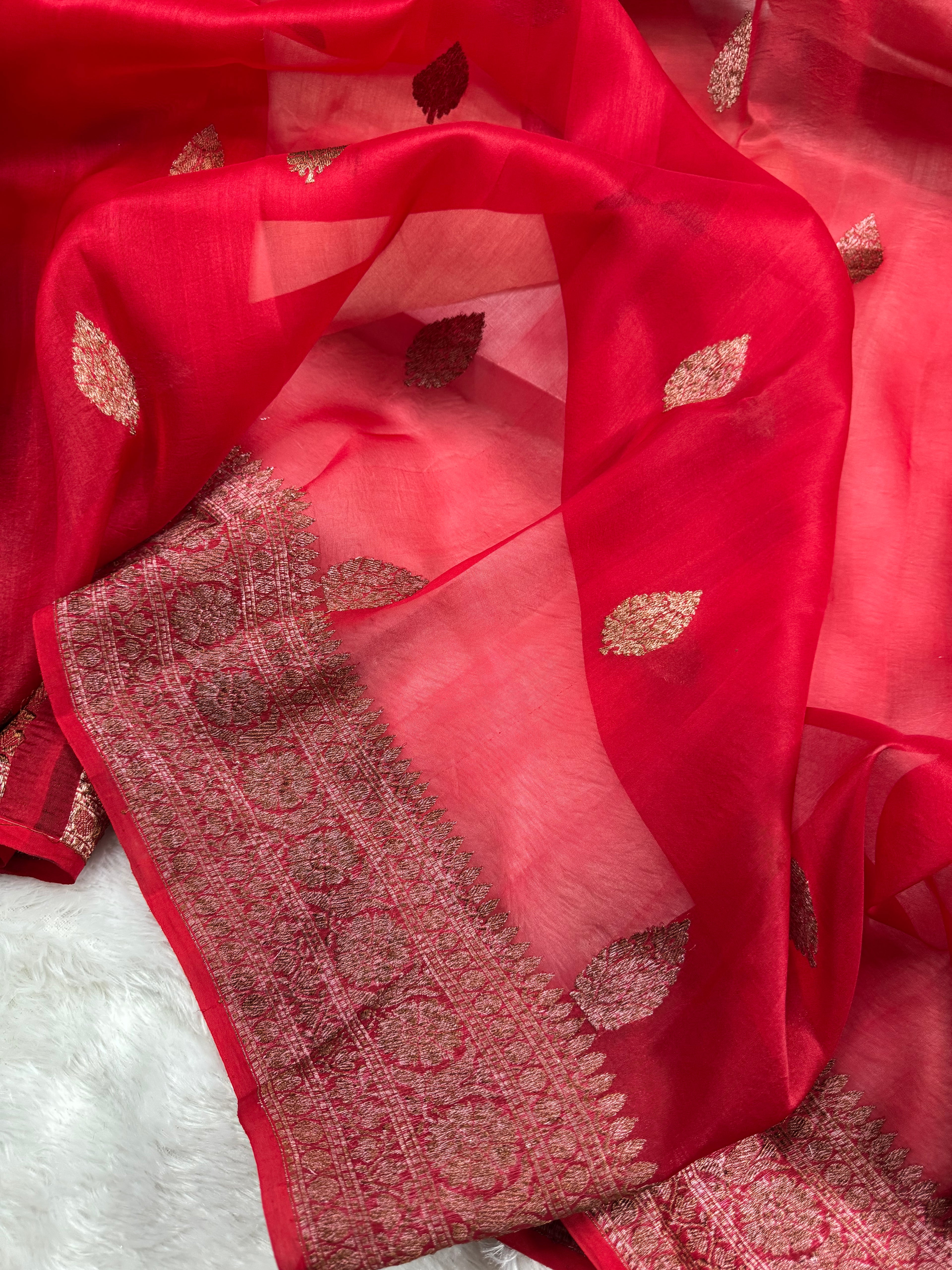 Red Pure Kora Organza Silk Banarasi Saree