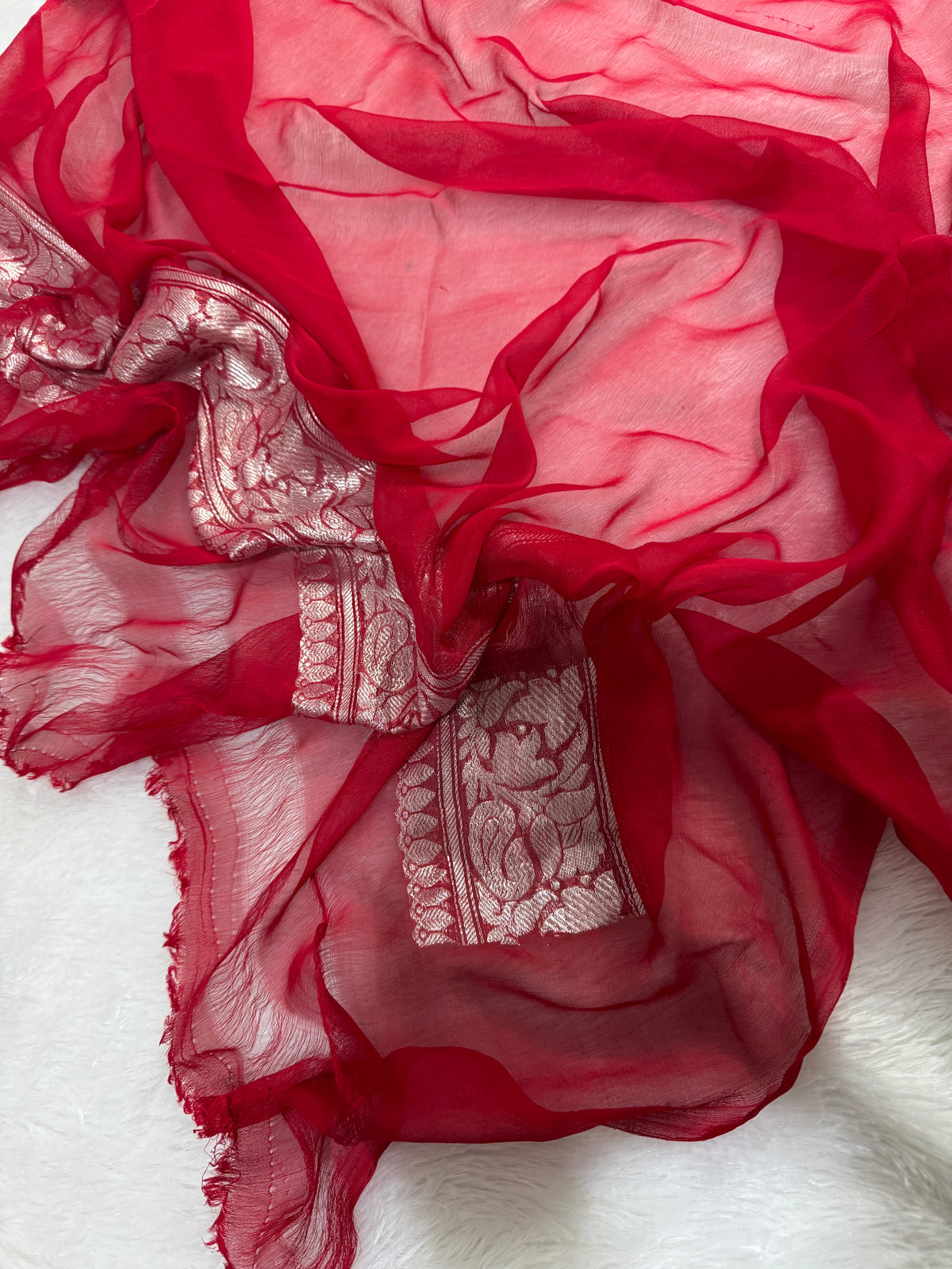 Royal Blue & Red Double Borders Pure Khaddi Chiffon Silk Banarasi Saree