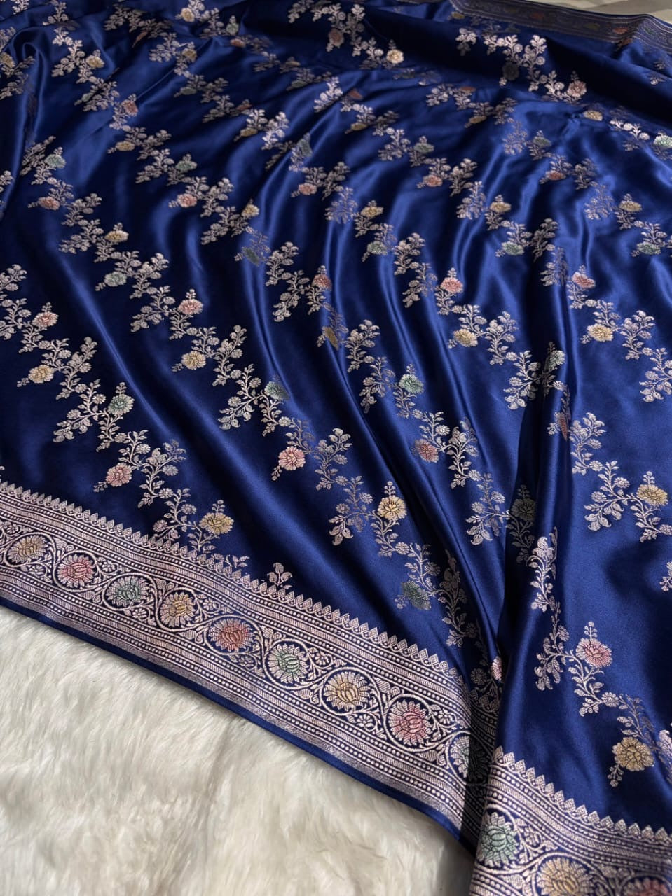 Navy Blue Meenakari Mashru Katan Silk Banarasi Saree