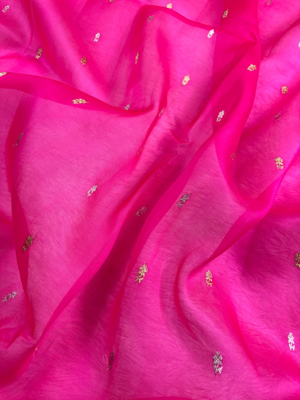 Hot Pink & Dark Brown Pure Kora Organza Silk Banarasi Saree