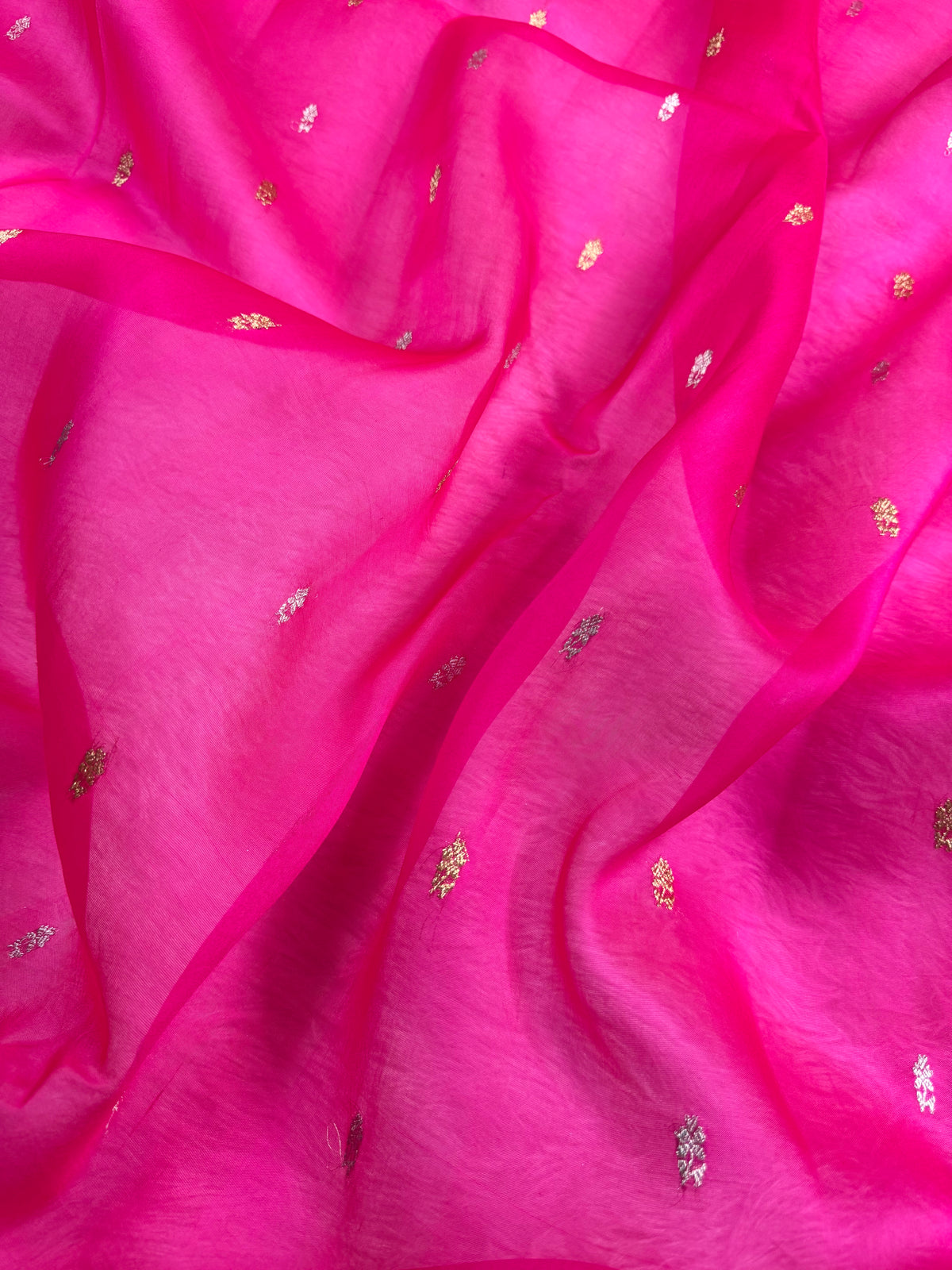 Hot Pink & Dark Brown Pure Kora Organza Silk Banarasi Saree