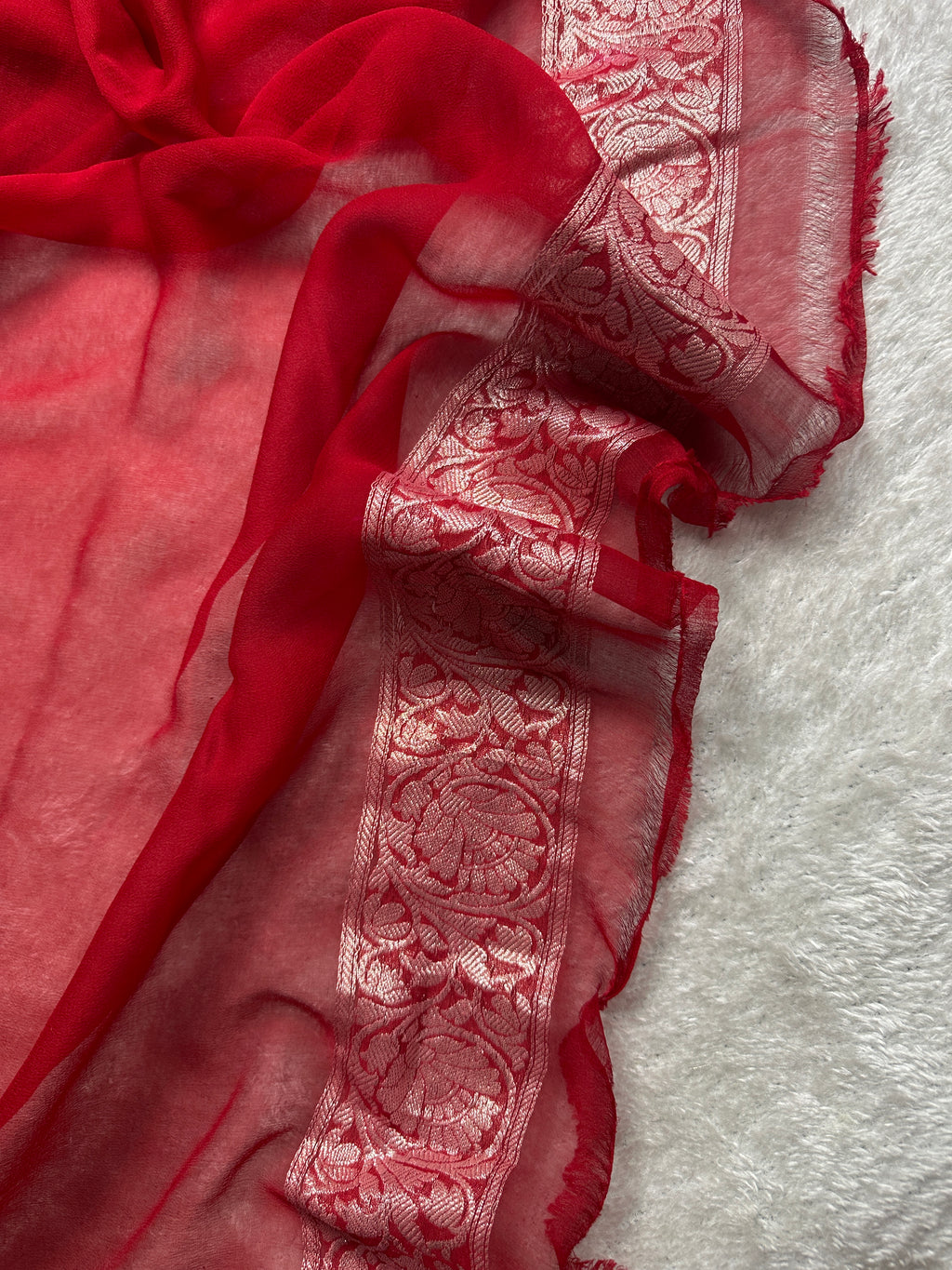 Green & Red Pure Khaddi Chiffon Silk Banarasi Saree