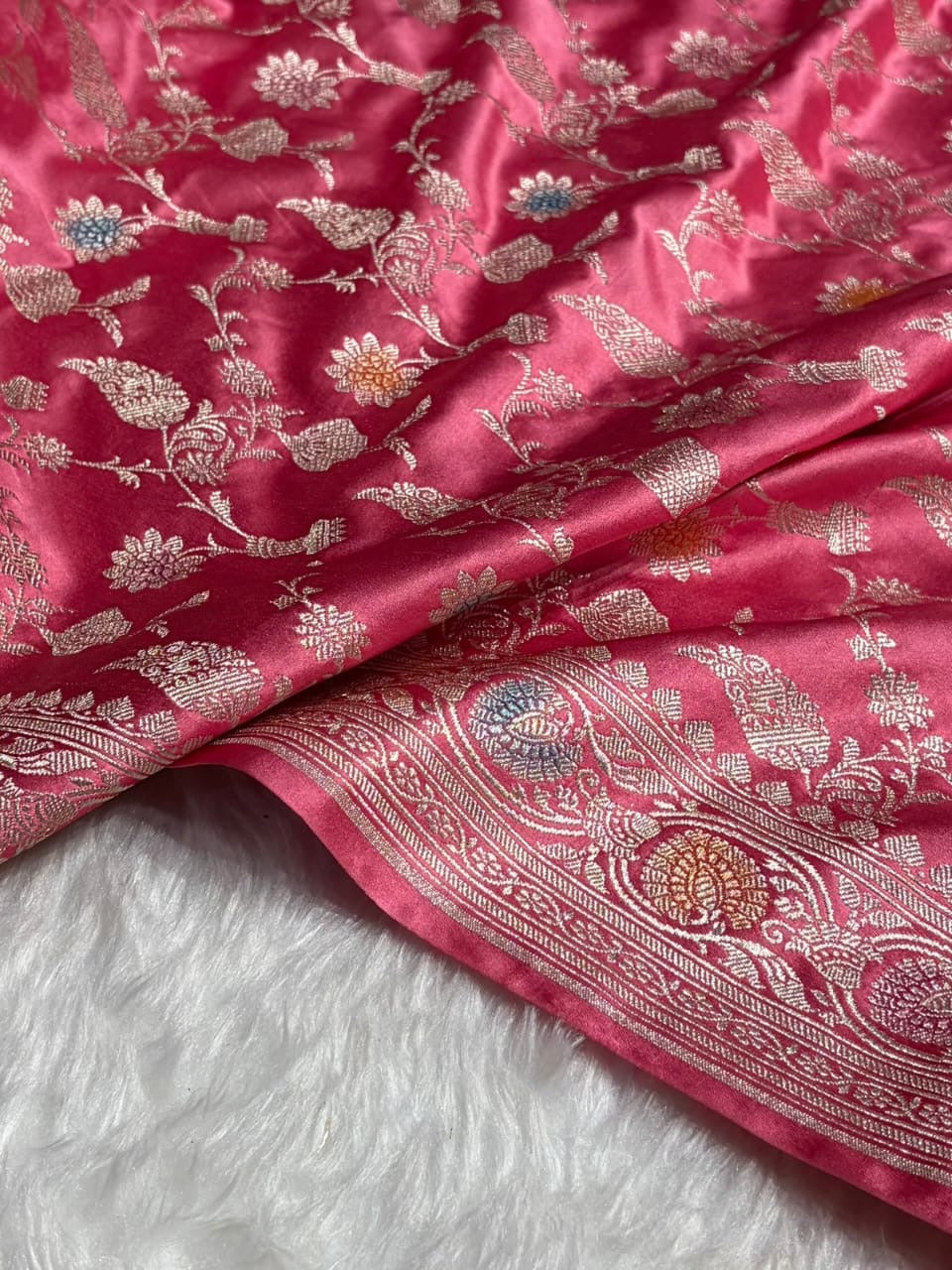 Rose Pink Meenakari Mashru Katan Silk Banarasi Saree