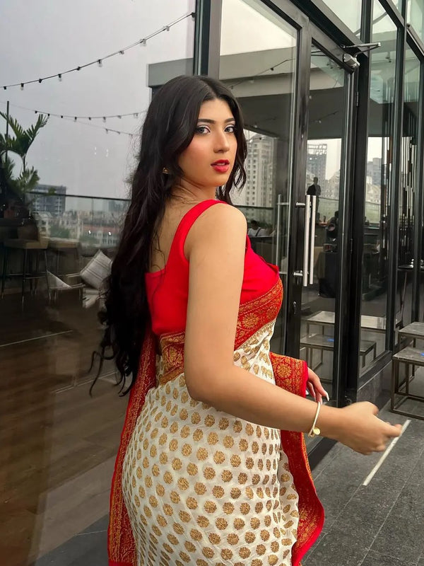 Off- White & Red Pure Khaddi Georgette Silk Banarasi Saree