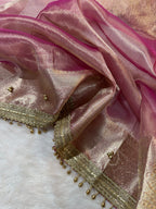 Rose Gold Tissue Silk Saree With Golden Ghungroo Butti Work & Luxury Lace Border