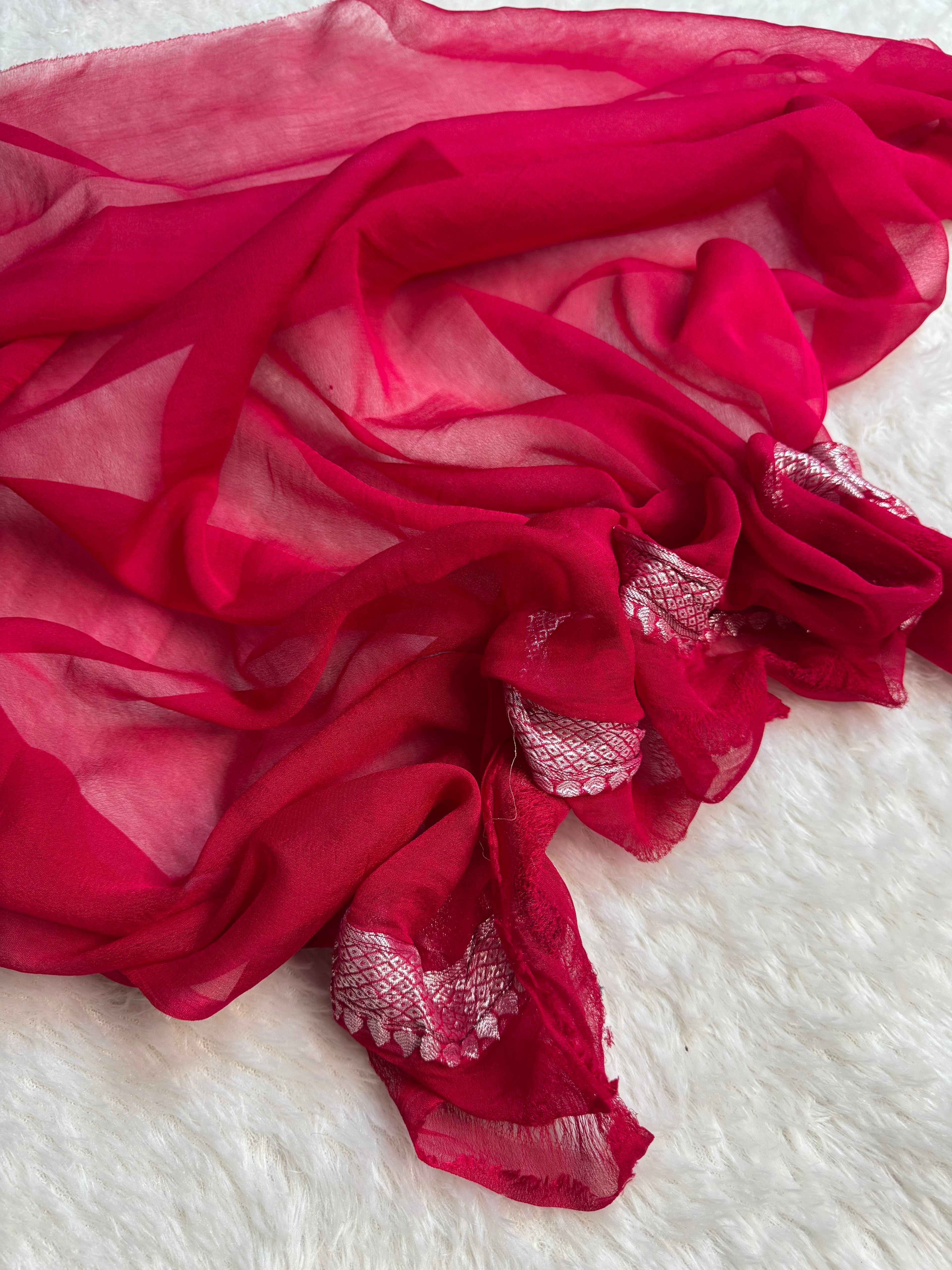 Red Rani Pure Khaddi Chiffon Silk Banarasi Half & Half Saree