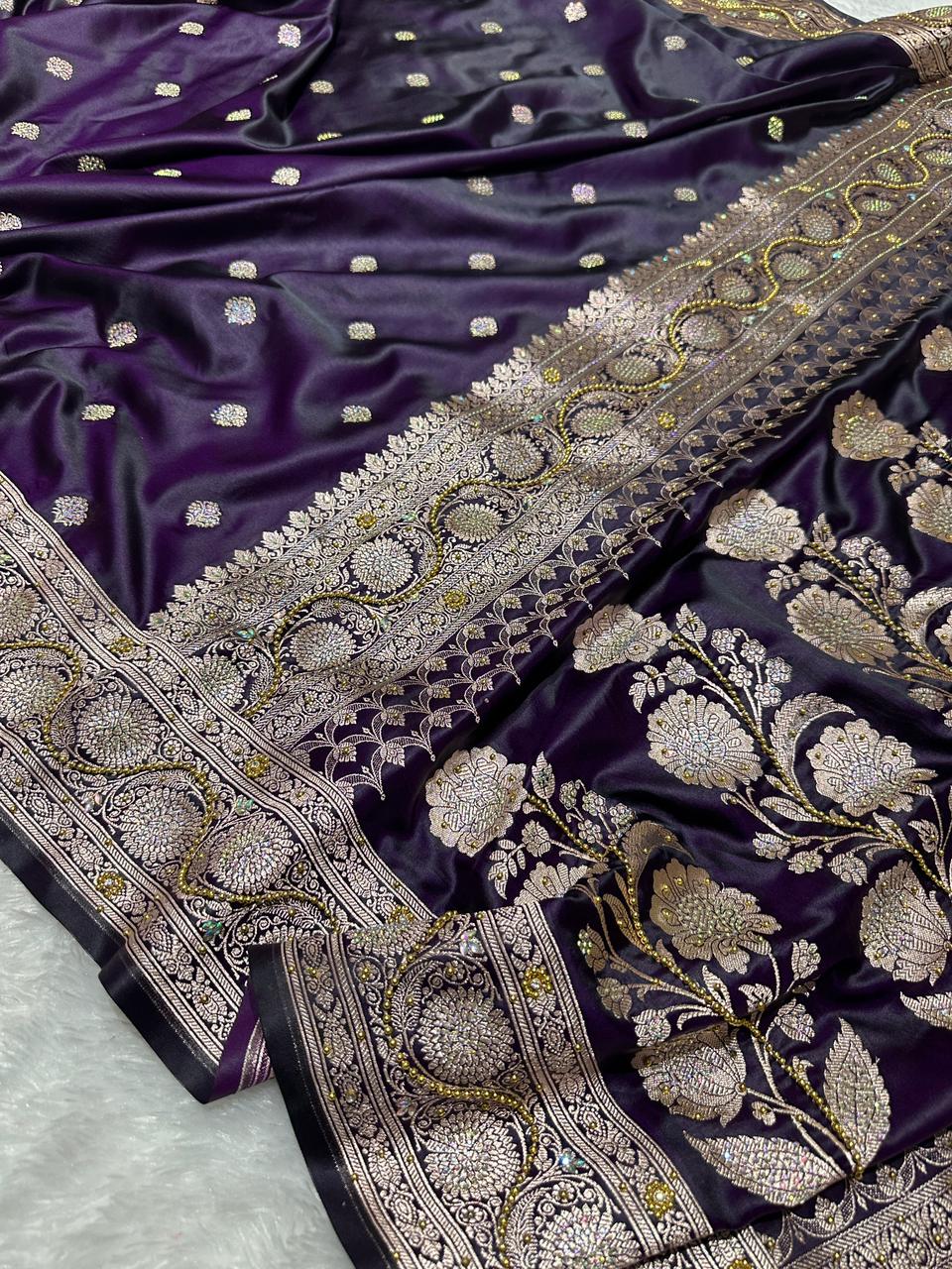 Purple Reign Swarovski Crystals Mashru Katan Silk Banarasi Saree