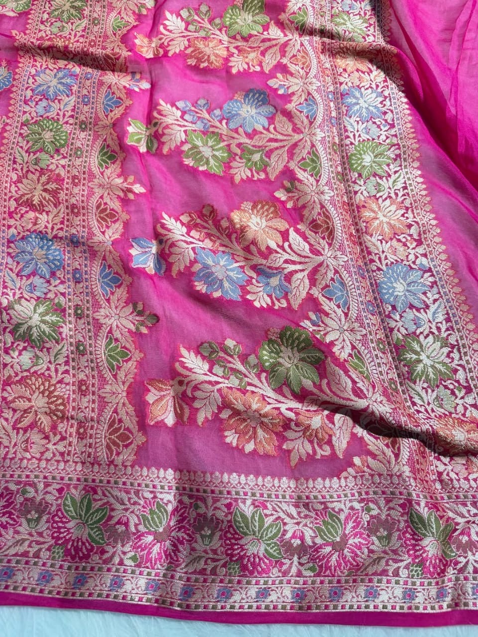 Rani Pink Pure Chiffon Silk Banarasi Saree
