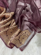 Dusty Rose Pink & Dark Brown Pure Kora Organza Silk Banarasi Saree