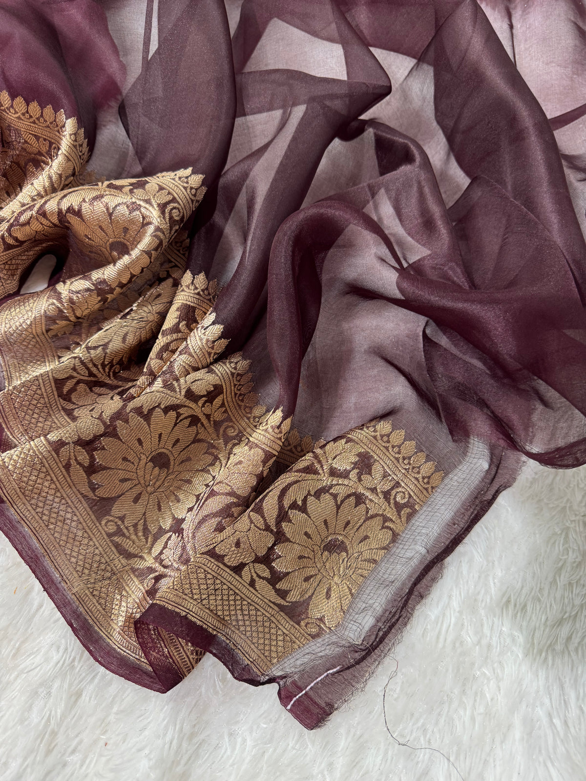 Dusty Rose Pink & Dark Brown Pure Kora Organza Silk Banarasi Saree