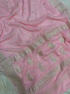 Baby Pink Pure Khaddi Chiffon Silk Banarasi Saree