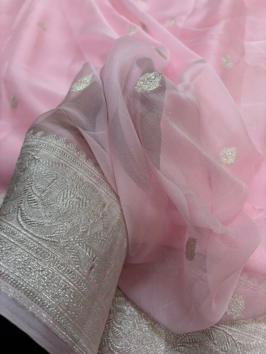 Baby Pink Pure Khaddi Chiffon Silk Banarasi Saree