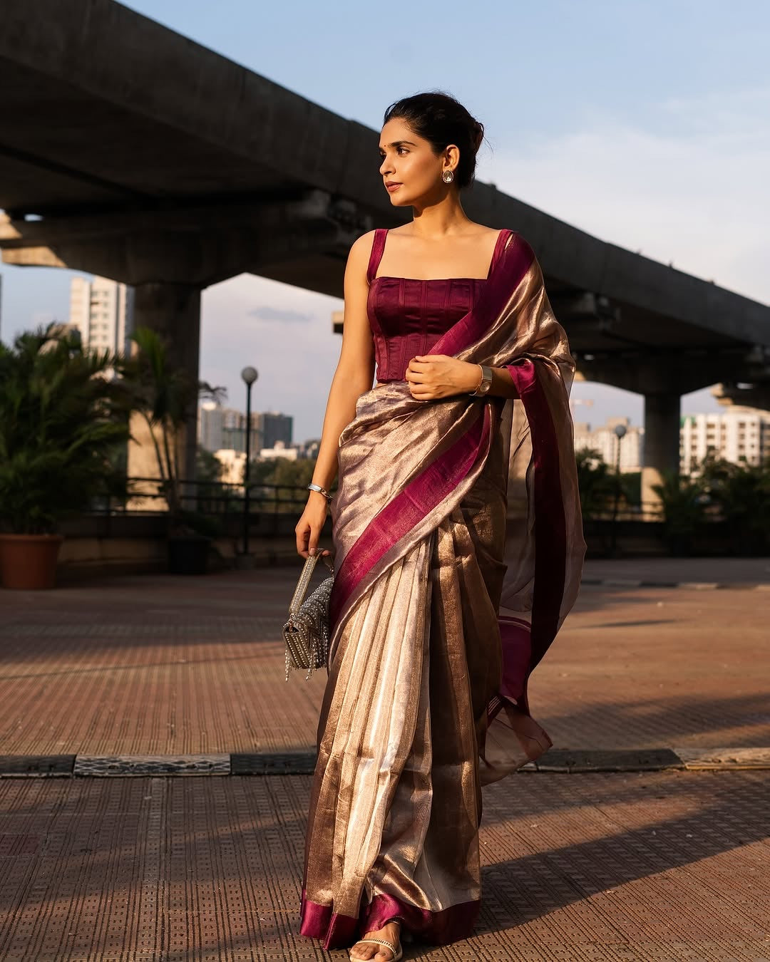 Reddish Wine Pure Glass Tissue Silk Banarasi Saree