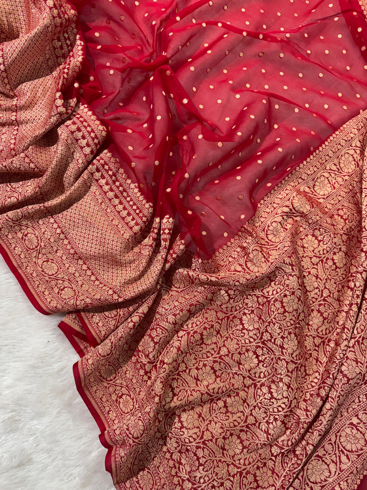 Red Pure Khaddi Georgette Silk Banarasi Booti Saree