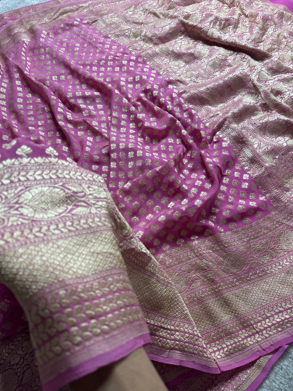 Onion Pink Pure Khaddi Georgette Silk Banarasi Saree