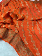 Rust Orange Pure Khaddi Crep Silk Banarasi Saree