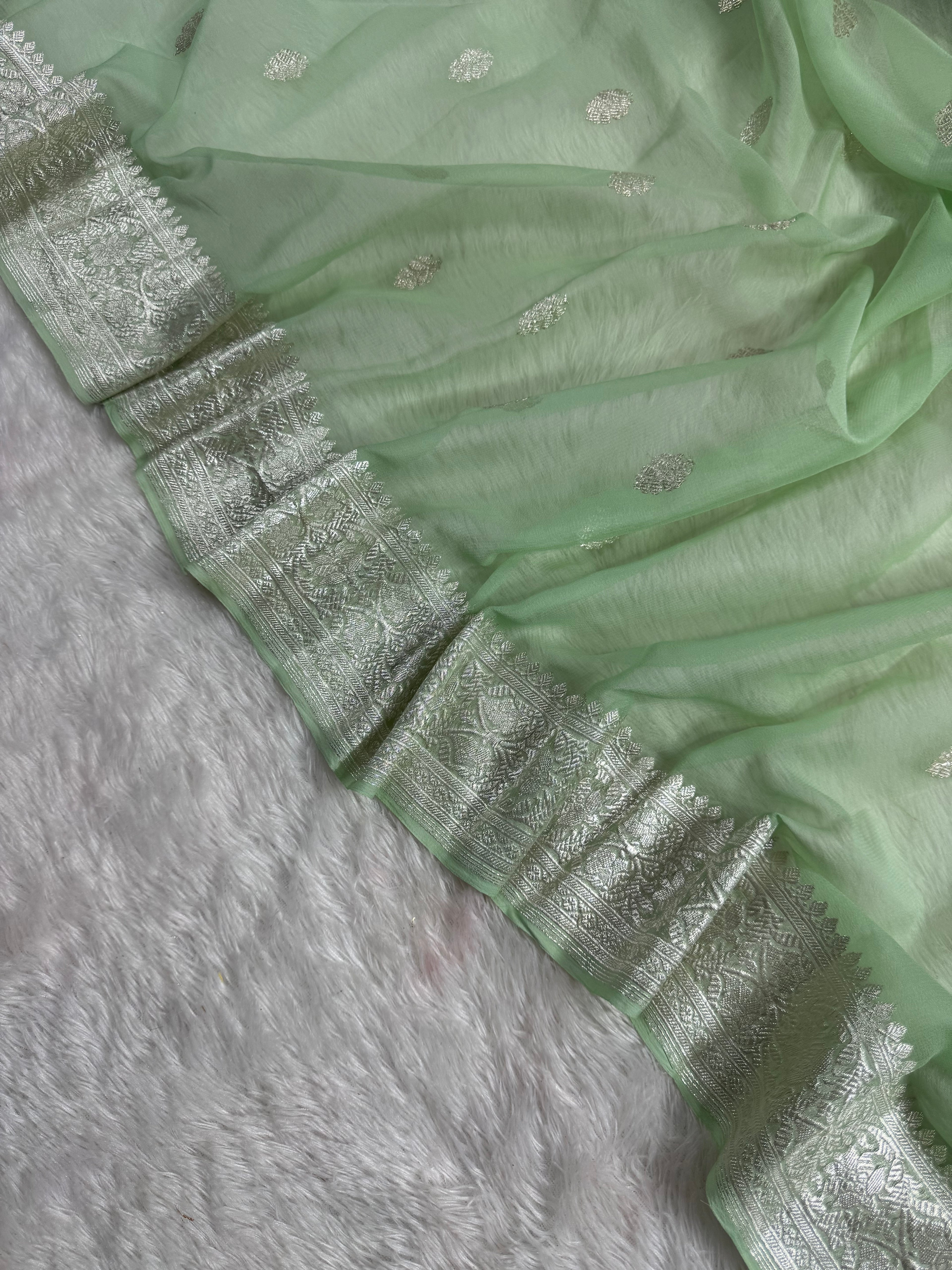 Light Pista Pure Khaddi Chiffon Silk Banarasi Saree