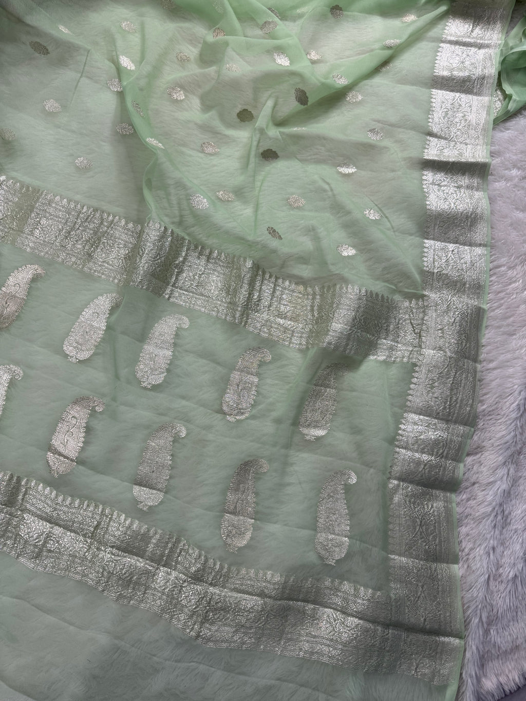 Light Pista Pure Khaddi Chiffon Silk Banarasi Saree