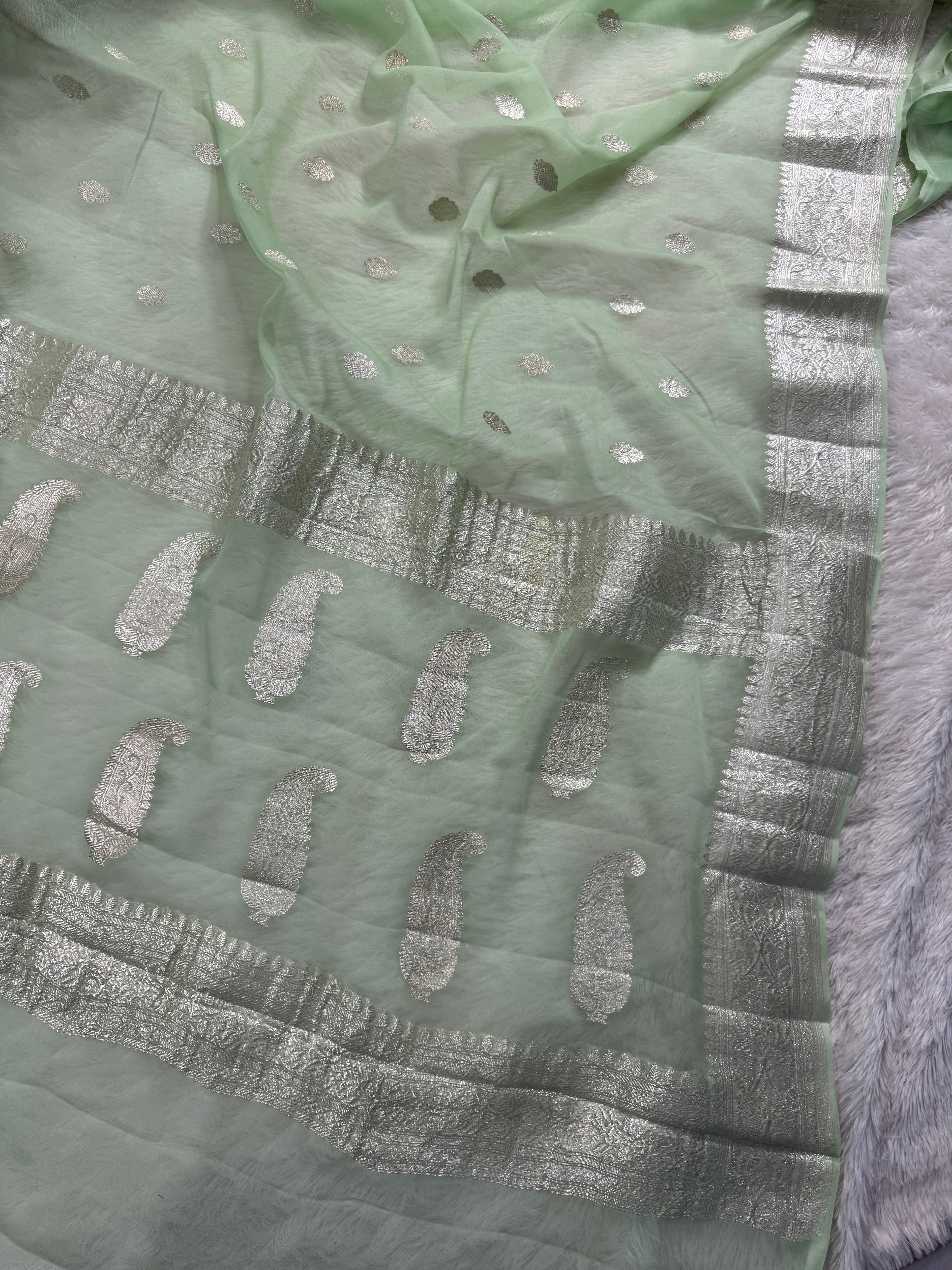 Light Pista Pure Khaddi Chiffon Silk Banarasi Saree