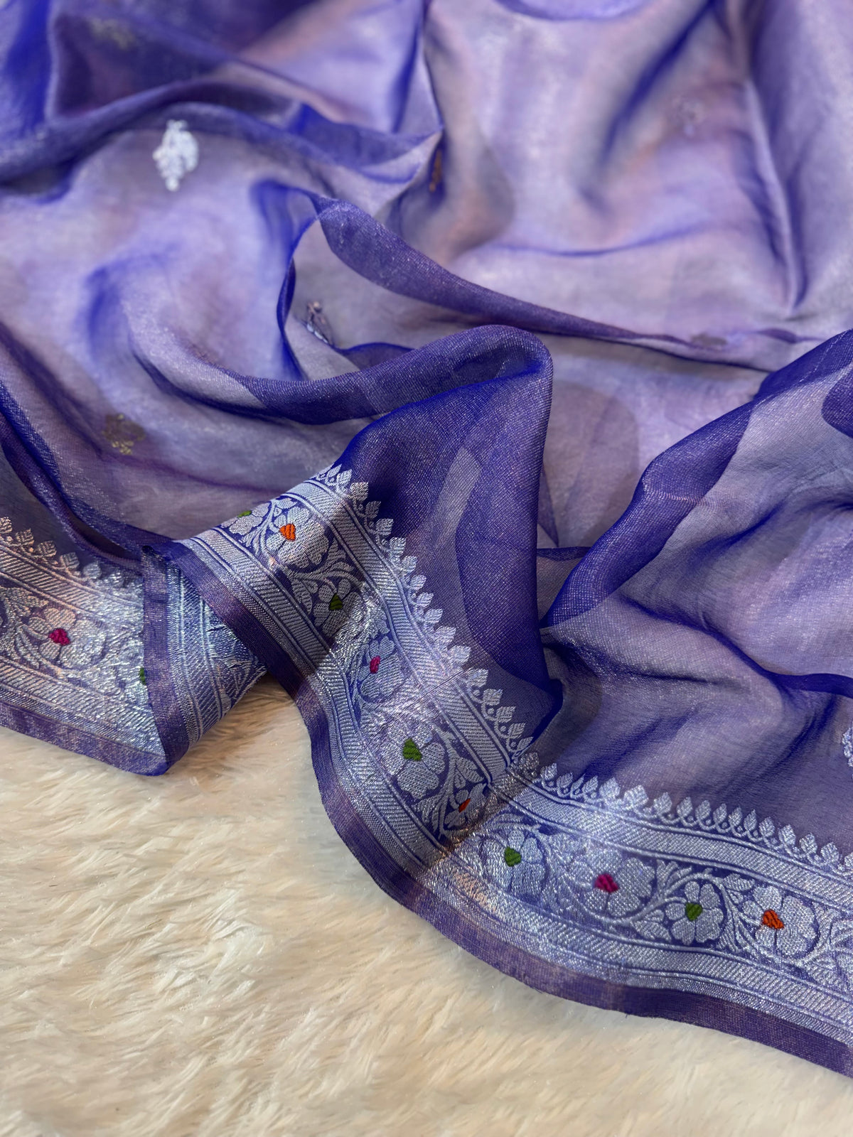 Royal Blue Pure Khaddi Tissue Chiffon Sona & Roopa Meenakari Banarasi Saree