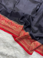 Black & Red Pure Khaddi Crep Silk Banarasi Saree