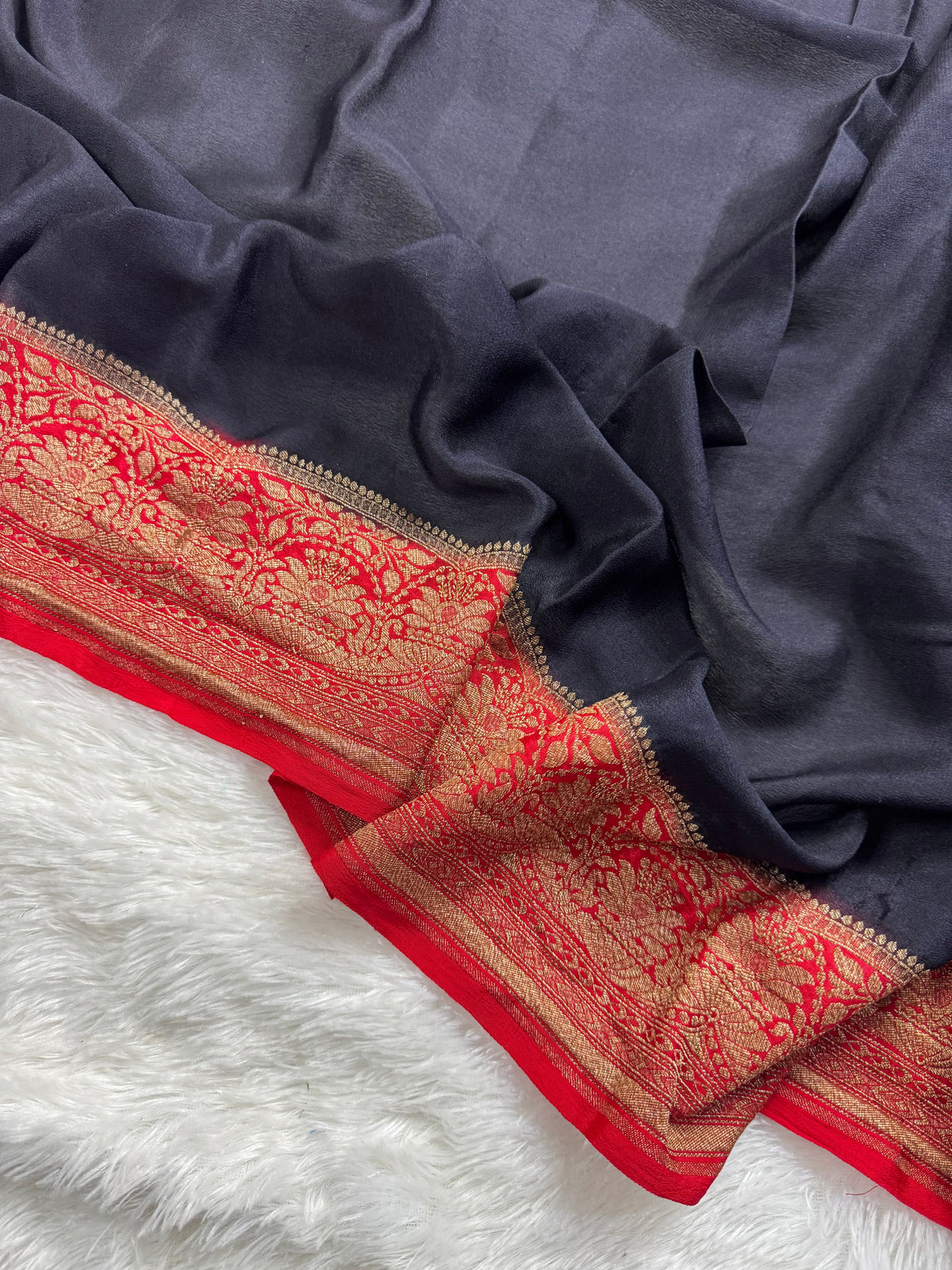 Black & Red Pure Khaddi Crep Silk Banarasi Saree