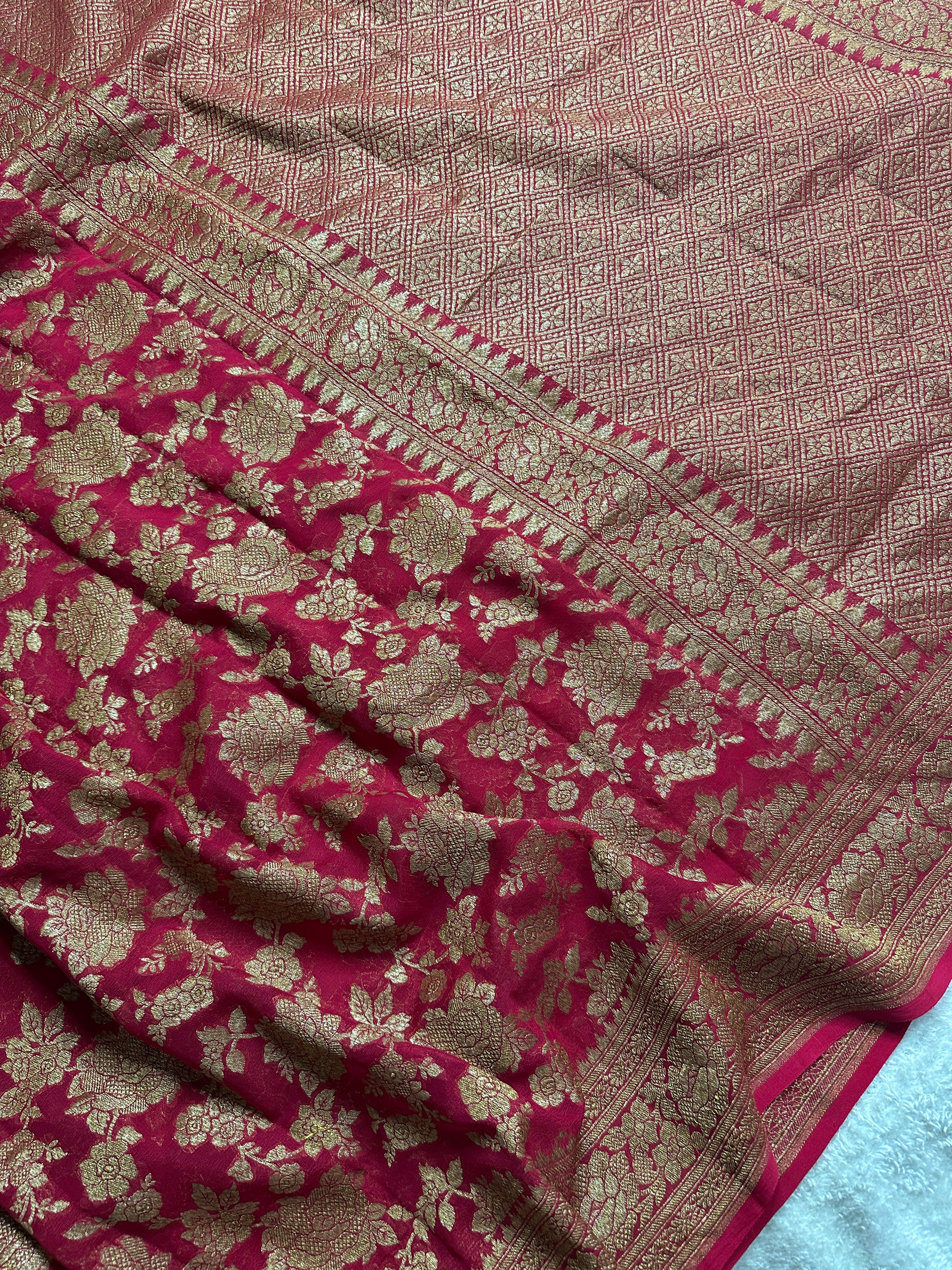 Red Pure Khaddi Georgette Silk Banarasi Saree