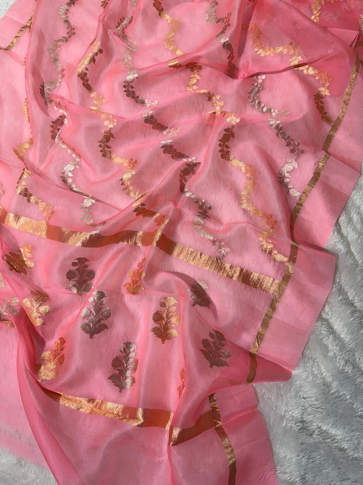 Light Peach Pure Kora Organza Silk Banarasi Saree