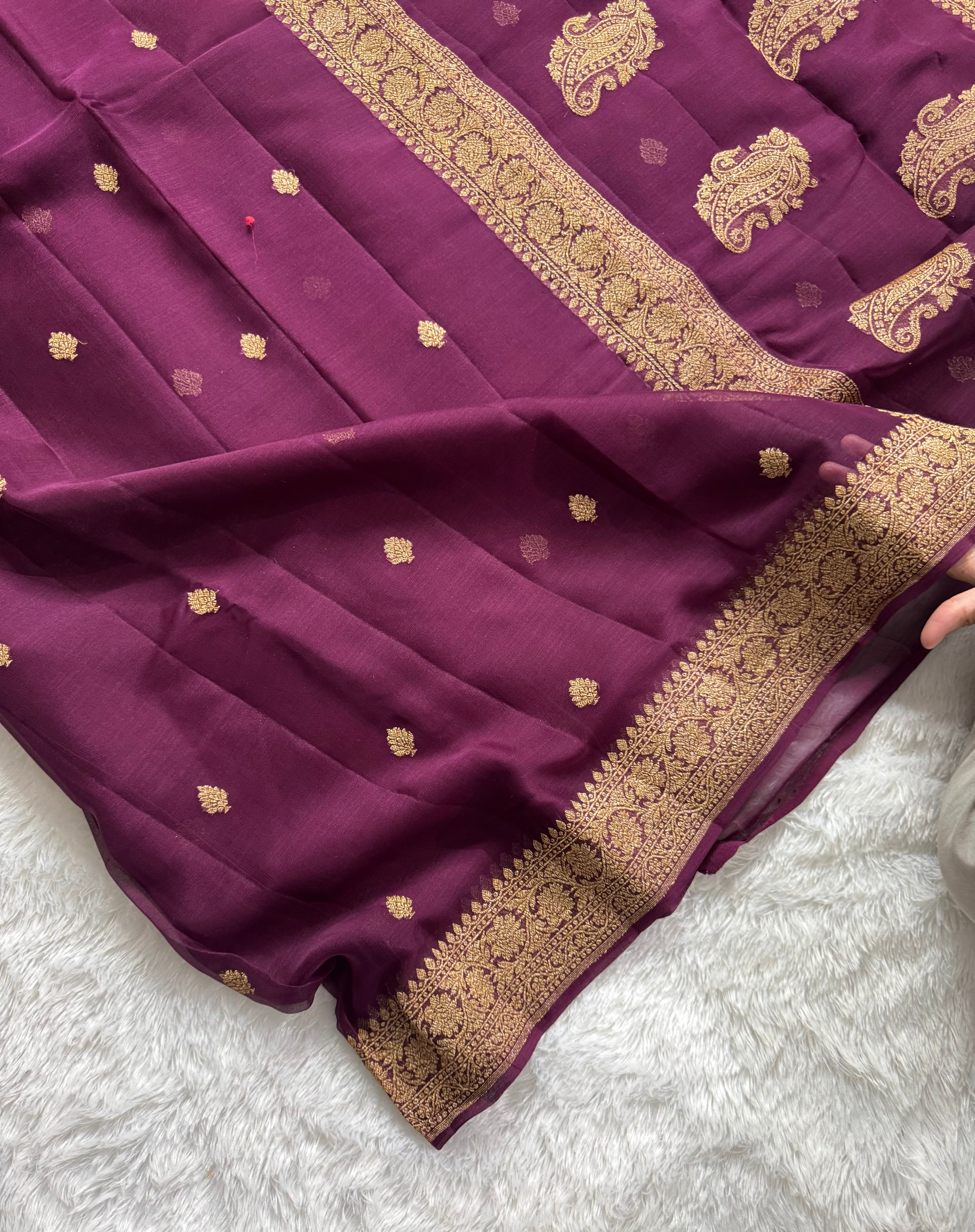 Wine Pure khaddi Chiffon Silk Banarasi Saree