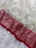 White & Red Pure Khaddi Chiffon Silk Banarasi Saree