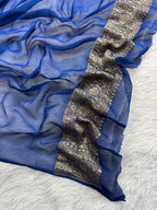 Navy Blue Pure Khaddi Georgette Silk Banarasi Saree