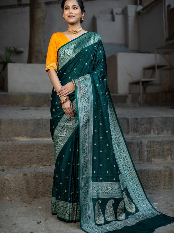 Bottle Green Swarovski Intricate Stone Work Banarasi Mashru Silk Saree