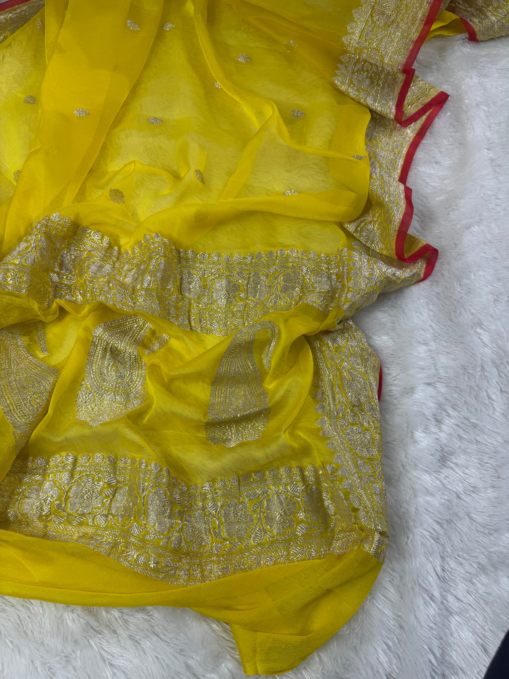 Yellow With Redish Piping Pure Khaddi Chiffon Silk Banarasi Saree