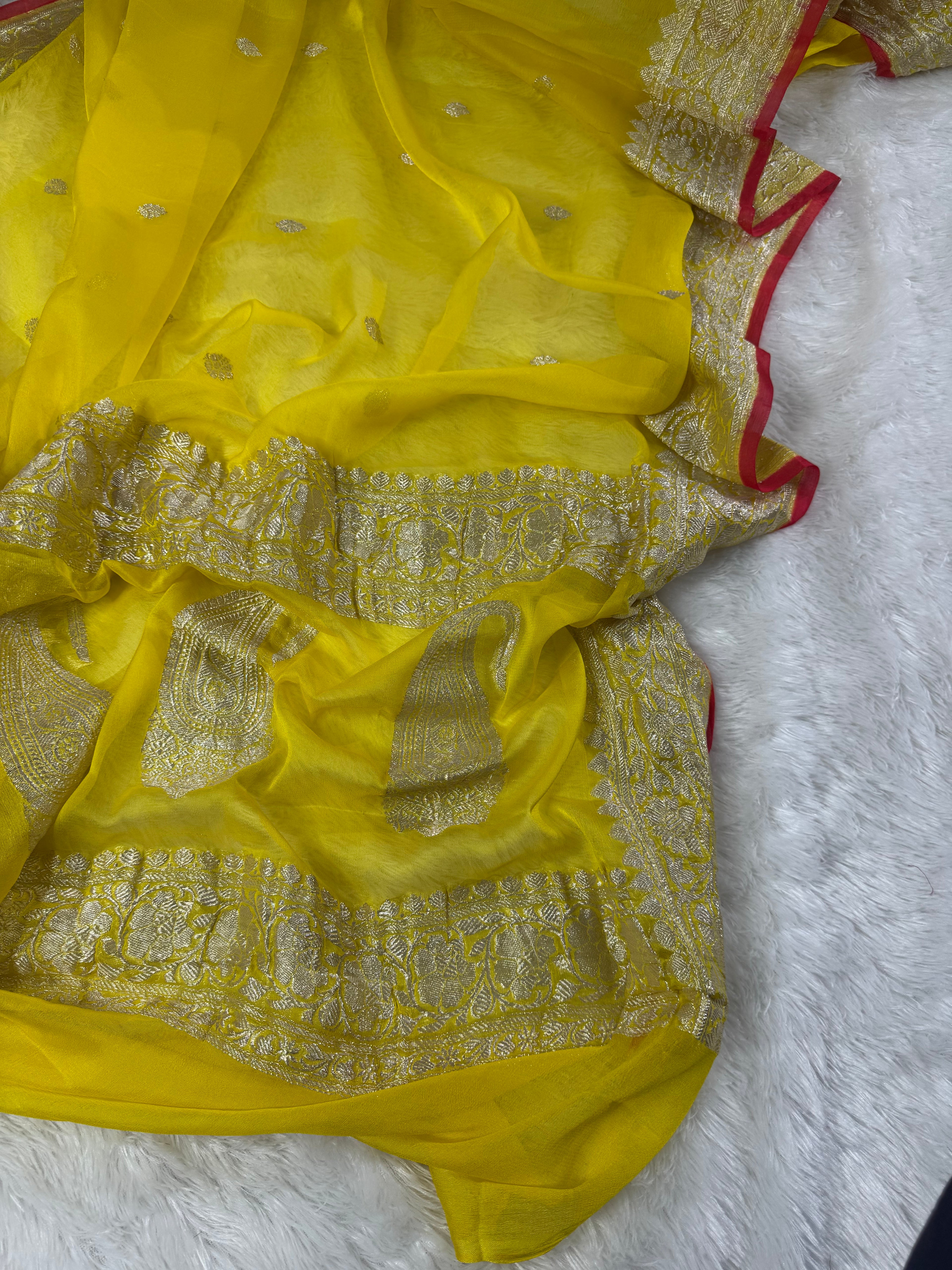 Yellow With Redish Piping Pure Khaddi Chiffon Silk Banarasi Saree